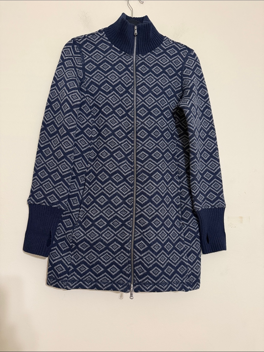 Dakini Navy Light Blue Diamond Knit Zip-Up Coat jacket woman S wool fall winter